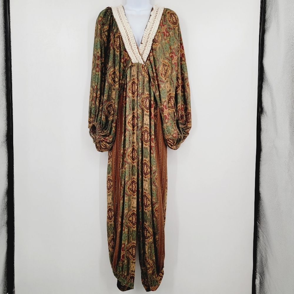 Farm Rio 70s Vibe Moroccan Print Cream Fringe Cut Out Harem Jumpsuit